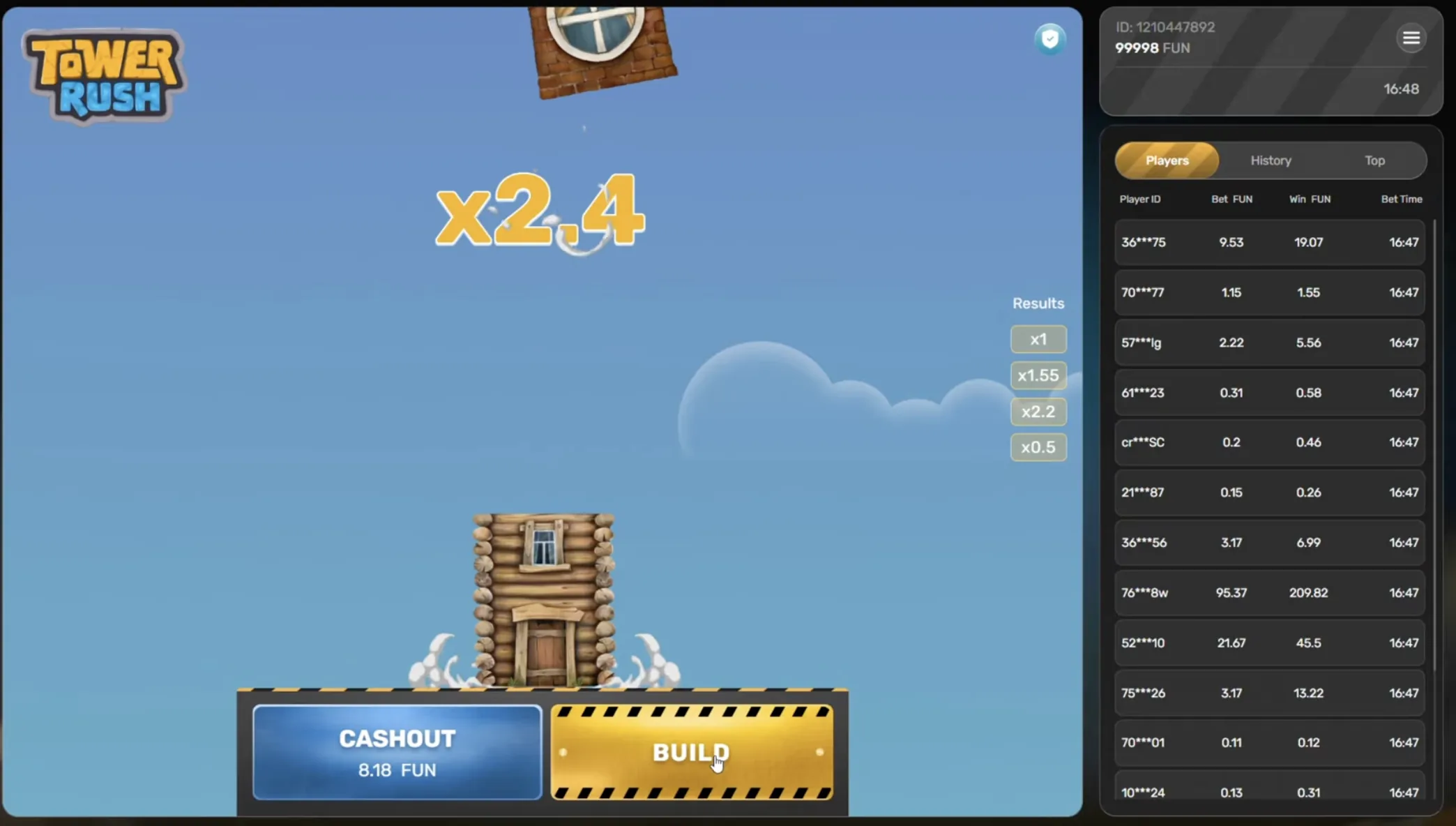 Tower Rush gameplay at x2.4 multiplier with stacked wooden and brick tower floors