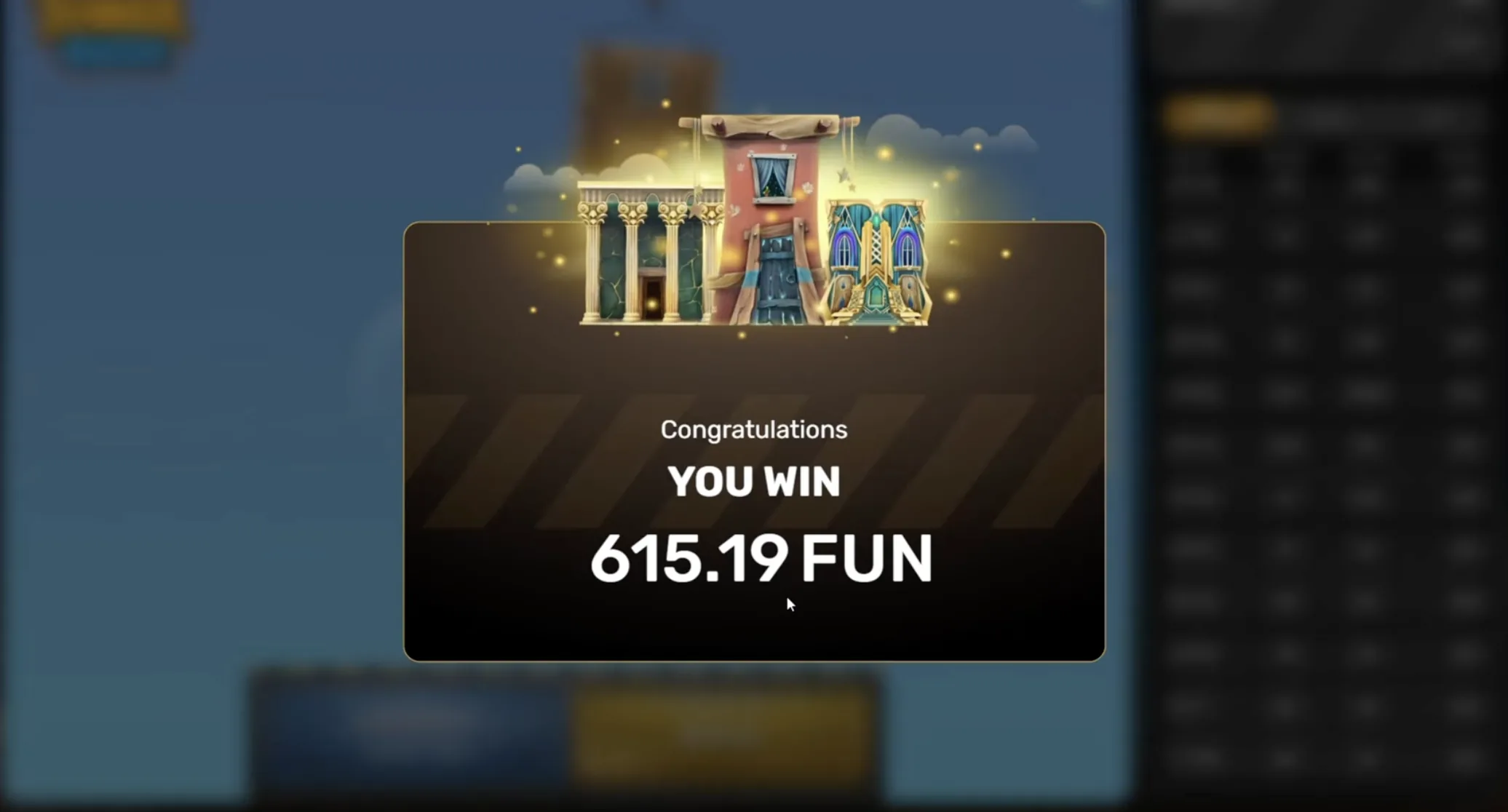 Tower Rush win screen — 615.19 FUN payout after a successful cashout